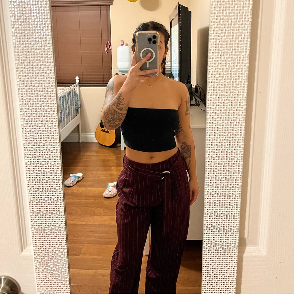 Burgundy and White Stripped Dress Pants